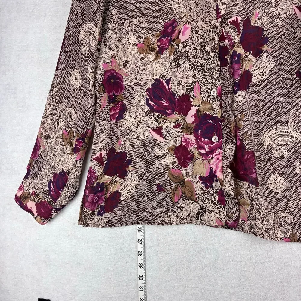 Vintage Notations Long Sleeve Button Up Blouse Women's Large Floral Lace Ruffle